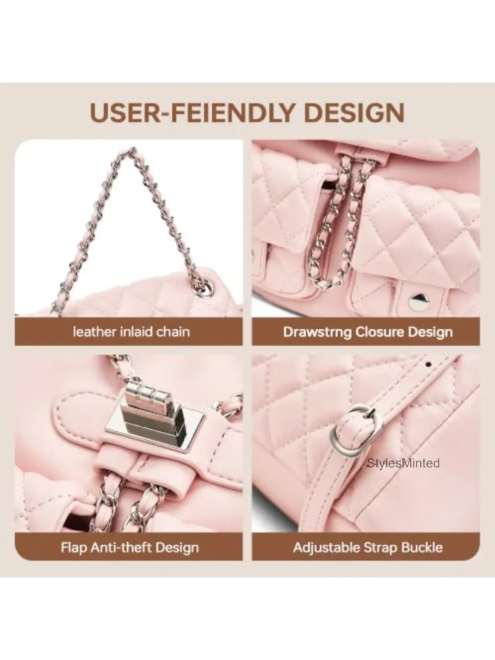 Quilted Faux Leather Mini Backpack Purse for Women Adjustable Straps